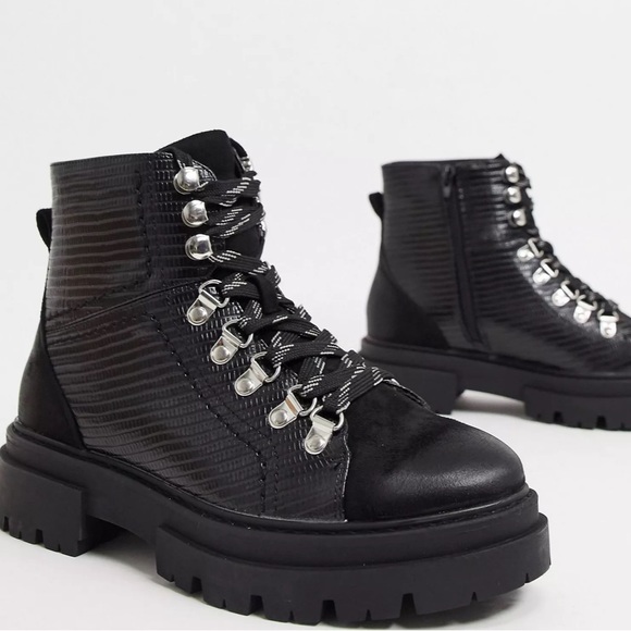 Glamorous flat hiker boots in black croc suede mix size 6 - Picture 2 of 8